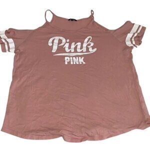 Ambiance 2X Pink Cold Shoulder Graphic Tee With Striped Sleeves